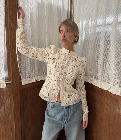 White Lace Hollow Out Blouse for Women