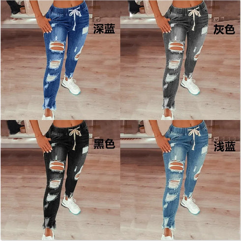 Women's Mid Waist Lace-Up Slim Fit Denim Jeans