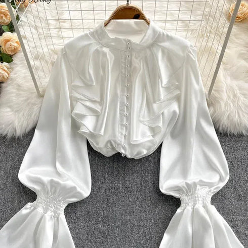 SINGREINY Satin Loose Ruffle Sleeve Blouse