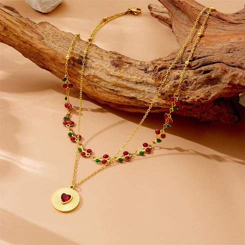 DIEYURO Double-layer Red Heart Necklace