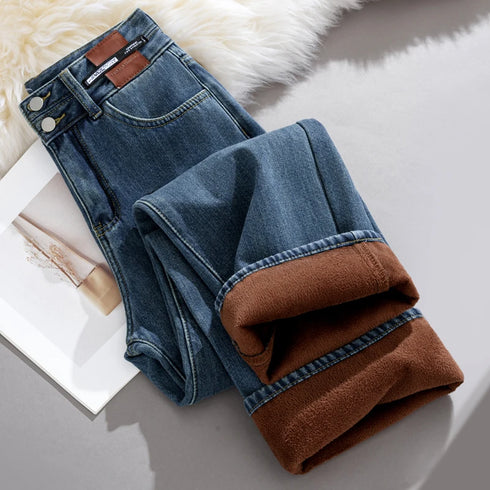 Women's High Waist Fleece Lined Wide Leg Jeans