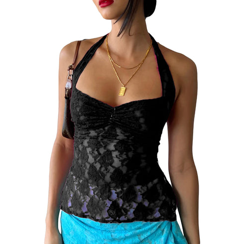 Halter Lace See-Through Crop Top for Women