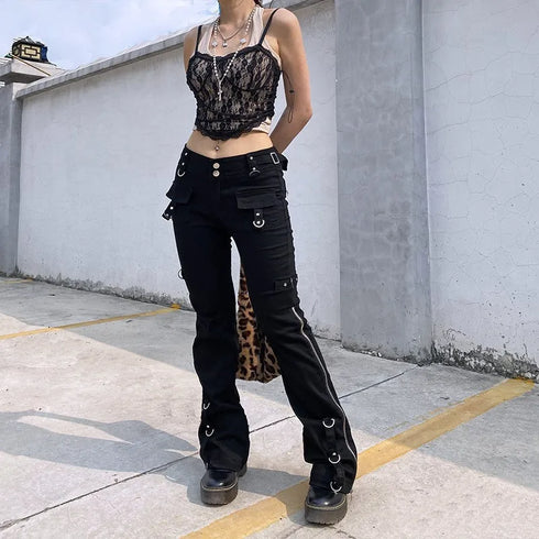 Black Punk Y2K Grunge Bootcut Pants for Women