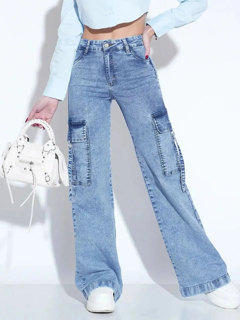 Women's Washed Cargo Jeans with Multiple Pockets