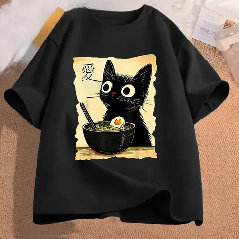 Cat Ramen Pattern Cute Kitten Eating Noodles Women's Print Summer T-shirt Fashion Retro puls si Outfit aesthetic clothes Y2K top