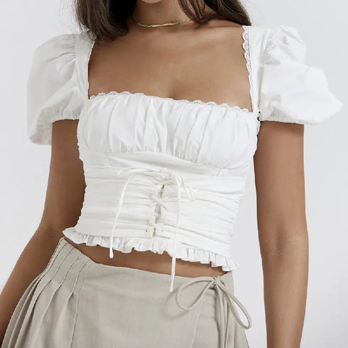 2023 Sexy Corset White Ruched Chest Square Collar Short Puff Sleeve Shirt Women Cross Lacing up Bandage Waist Bodycon Crop Tops