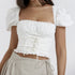 2023 Sexy Corset White Ruched Chest Square Collar Short Puff Sleeve Shirt Women Cross Lacing up Bandage Waist Bodycon Crop Tops