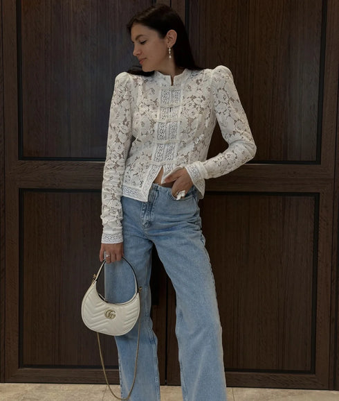 White Lace Hollow Out Blouse for Women