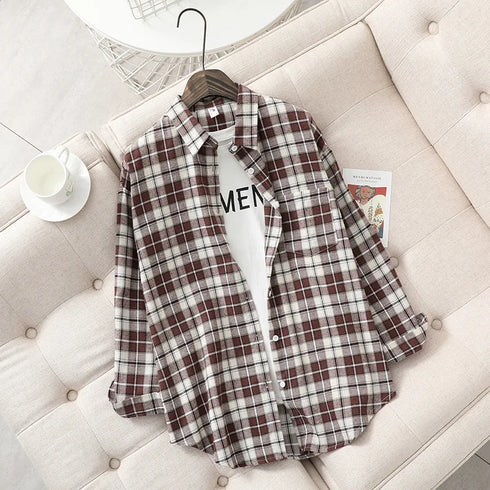 Plaid Flannel Shirt for Women - Casual Long Sleeve Top