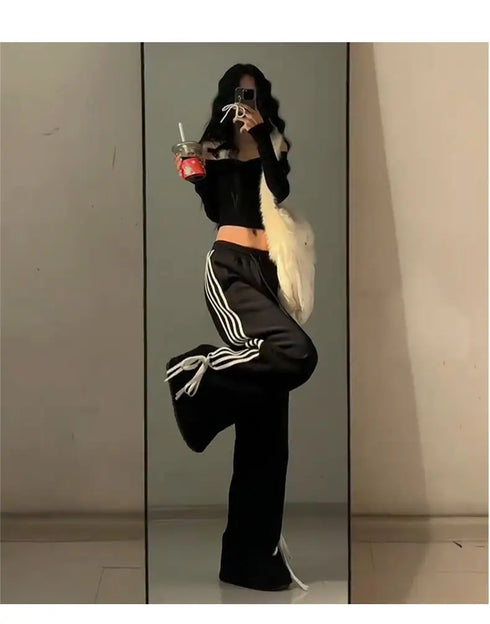 Plus Size Y2K Wide Leg Pants with Bow Tie Detail