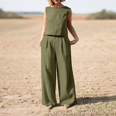 Women's Cotton Linen Sleeveless Top and Wide Leg Pants Set