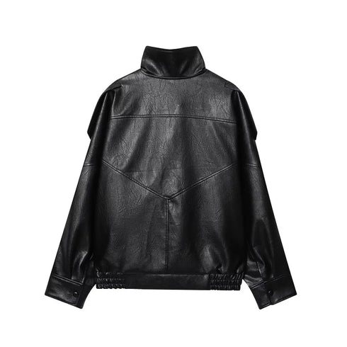 MUJER Black Faux Leather Bomber Jacket for Women