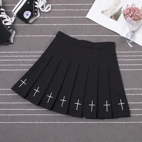 High Waist Pleated Skirt with Cross Embroidery
