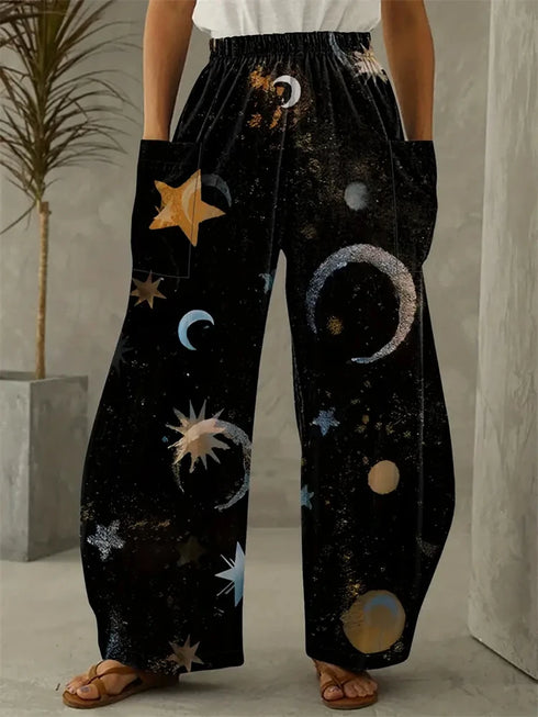 Abstract Star and Moon Print Wide-Leg Pants