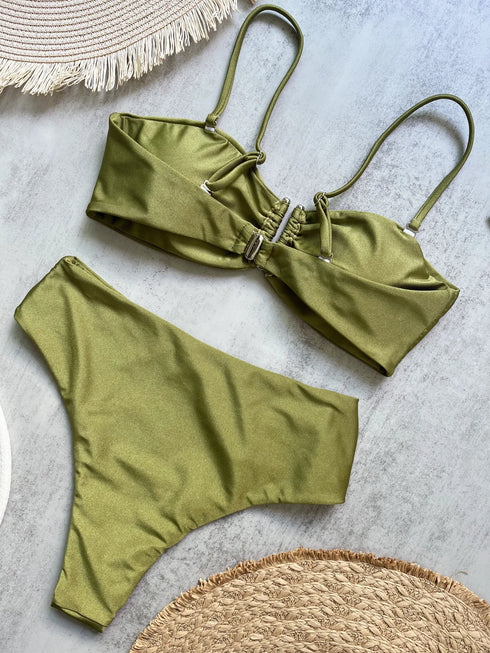 Push Up Bandeau Bikini Set in Olive Green