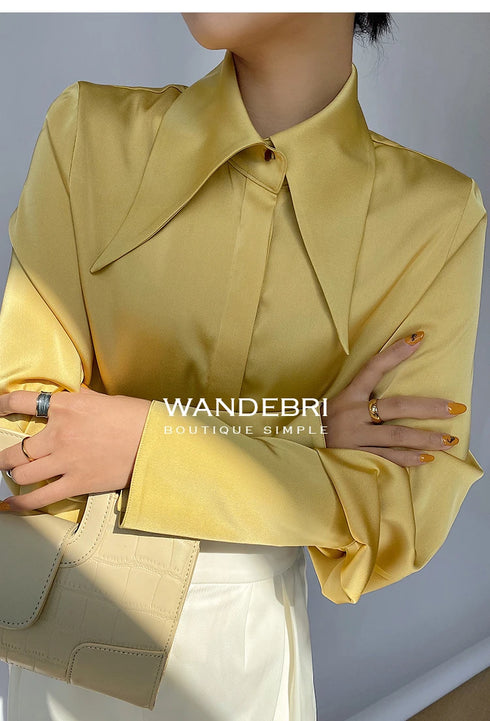 Elegant Satin Silk Blouse with Turn Down Collar