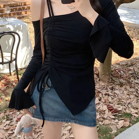 Chic Off Shoulder Long Sleeve Top with Flare Sleeves