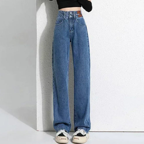 High Waist Denim Jeans with Double Buckle Design