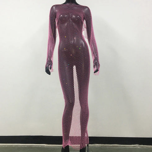 Shiny Rhinestones Grid Fishnet Dress