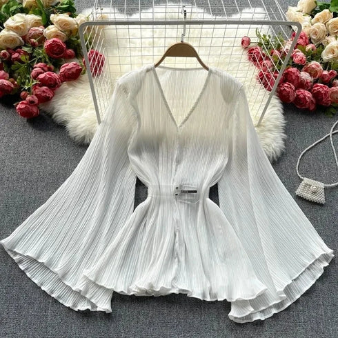 Purple Solid Casual Pullover V-Neck Loose Flare Sleeve Folds No Belt Women's Blouse Shirt Female Clothing Tops 2024 Fashion