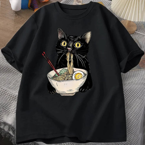 Funny Cat Noodle Ramen T Shirt for Foodie Lovers Unisex Short Sleeve Casual Top for Men Women