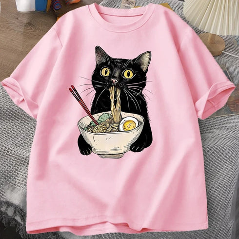 Funny Cat Noodle Ramen T Shirt for Foodie Lovers Unisex Short Sleeve Casual Top for Men Women