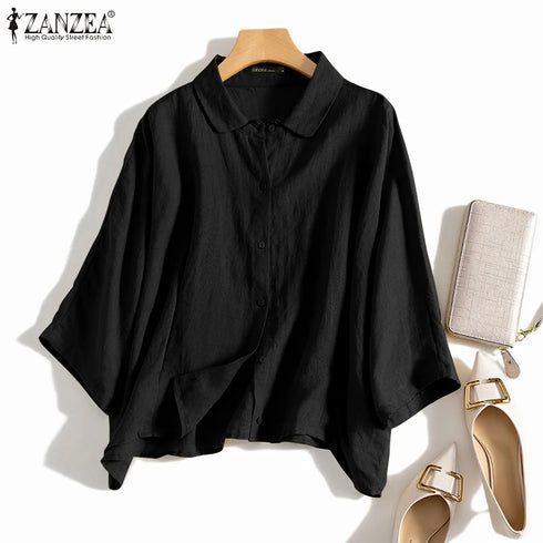 ZANZEA Elegant 3/4 Sleeve Lapel Neck Blouse for Women