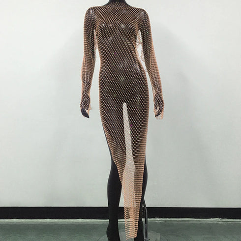 Shiny Rhinestones Grid Fishnet Dress