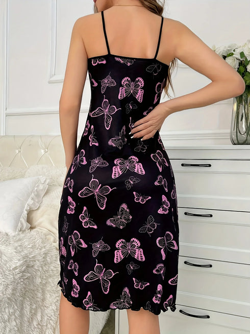 Black Butterfly Print Spaghetti Strap Nightdress