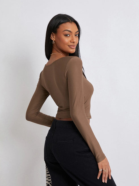 Women's Slim Fit Crop Tops Fashion Long Sleeve Square Neck Solid Color Pullover Basic T-Shirt Dressy Blouses 2024 New Streetwear