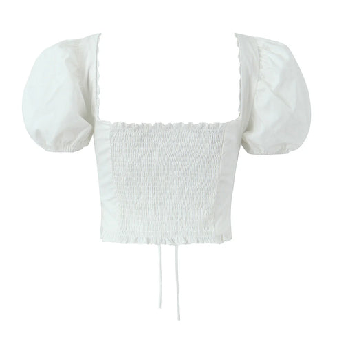 2023 Sexy Corset White Ruched Chest Square Collar Short Puff Sleeve Shirt Women Cross Lacing up Bandage Waist Bodycon Crop Tops