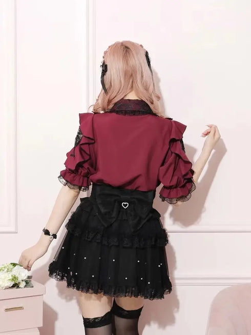Noemi Inspired Ruffle Bow Top - Japanese Dark Femme Off-Shoulder Blouse, Lace Trim Bell Sleeve Shirt for Yami Kawaii & Lolita