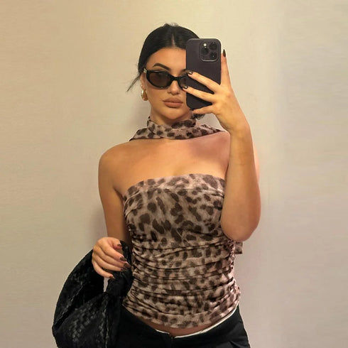 Leopard Print Tulle Off-the-Shoulder Top