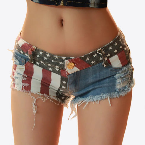 Womens Denim Flag Print Mini Shorts