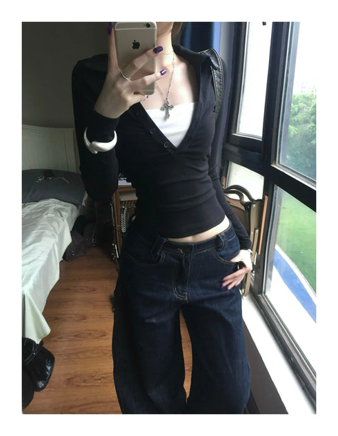 Genayooa Retro Y2K Long Sleeve Black T-shirt for Women