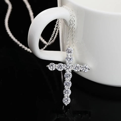 925 Sterling Silver Cross CZ Pendant Necklace