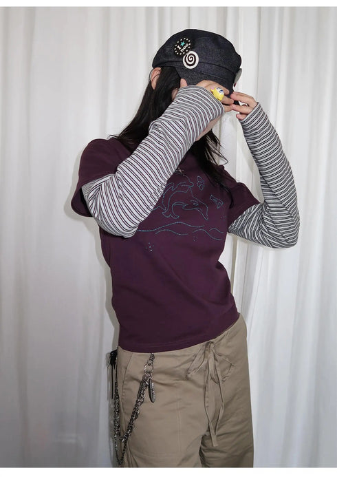 Tonngirl Y2K Vintage Long Sleeve Patchwork T-shirt