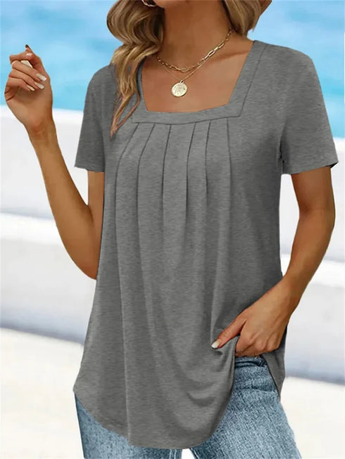 Plus Size Solid Color Pleated Square Neck Women's T-shirts Loose Short Sleeve Ruffled Lady Tee Basic Elegant Sexy Commuter Tops