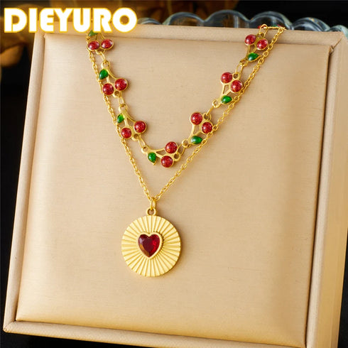 DIEYURO Double-layer Red Heart Necklace