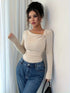 Elegant Asymmetrical Long Sleeve Pleated T-Shirt in Beige