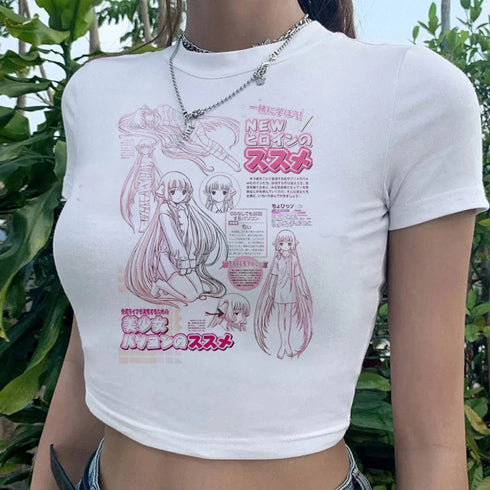 Japanese Anime Chobits Kawaii Cartoon Cropped Short Sleeve T Shirt for Women Vintage Aesthetic Punk Top