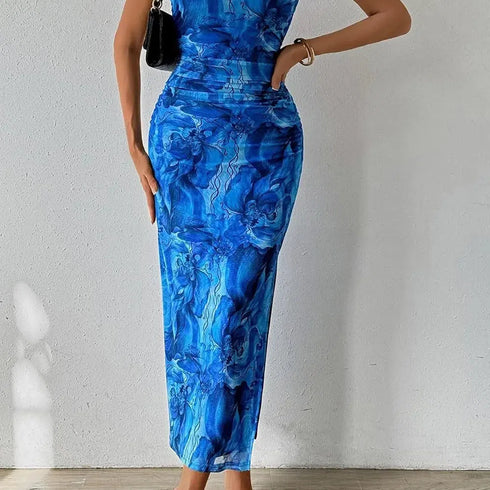Summer Women Sexy Chestless Hem Slit Sleeveless Printed Dress