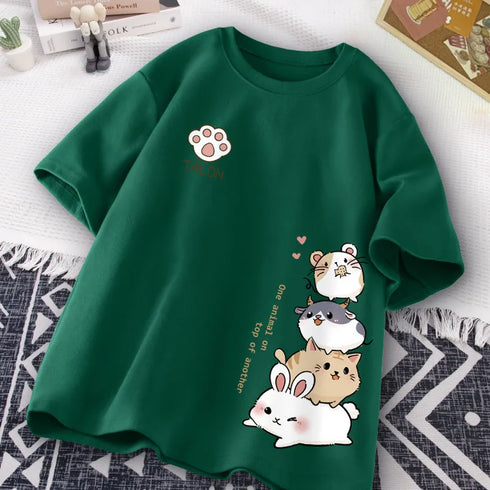 Summer Trendy Simple Cat Printed Short-sleeved T-shirt for Ladies and Boys Same Loose Casual Large-size Top