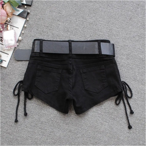Low Rise Denim Shorts with Lace-Up Detail
