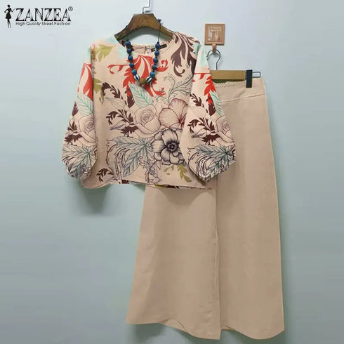 ZANZEA Autumn Floral Printed Blouse and Wide Leg Trousers Set