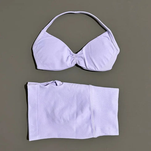 HISTELLO Women's Seamless Yoga Set with Strappy Bra and Shorts