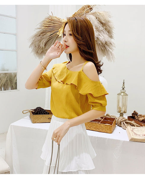 Women's Shirt Tops Fashion One-Shoulder Ruffles Short-sleeved Tops Chiffon Tops S-XXL