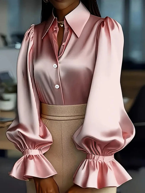 Elegant Satin Blouse with Ruffled Cuff Sleeves