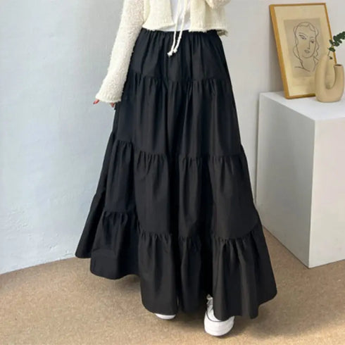 Korean Style Tiered Maxi Skirt with Elastic Waist