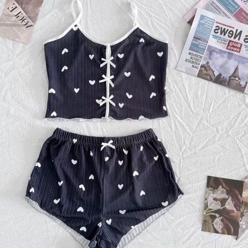 Heart Print Women's Pyjama Set with Frill Trim